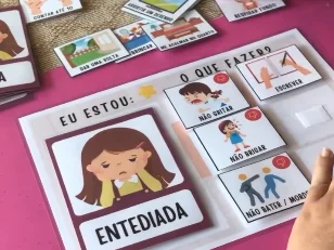 Quadro de Emoções montado, com a frase Eu estou e cartões de o que fazer