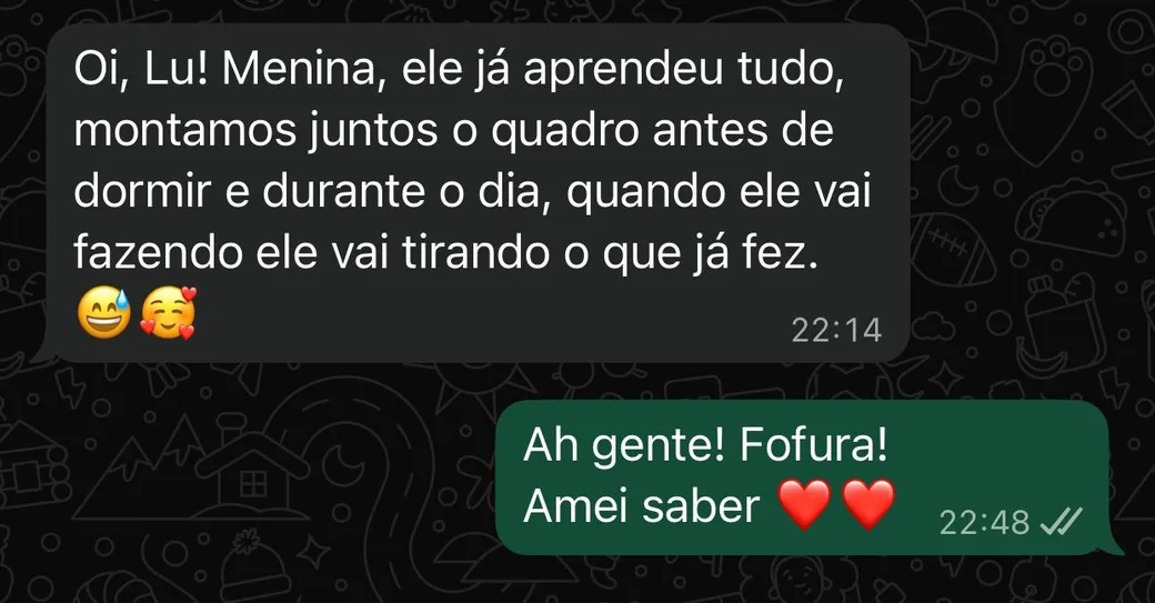 Mãe conta que o filho aprendeu tudo e monta o quadro antes de dormir, tirando o que já fez