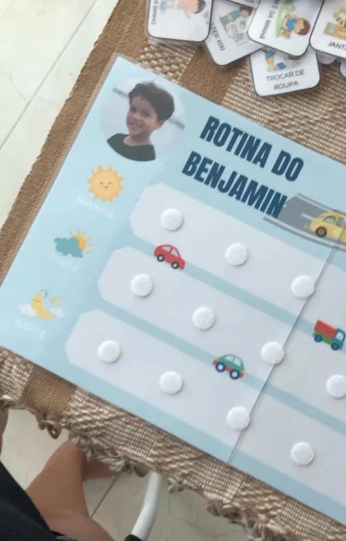 Quadro de rotina tema Carrinhos com cartões de manhã, tarde e noite