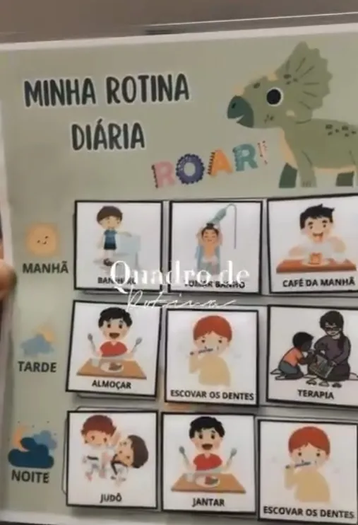 Quadro de rotina tema Dinossauro com cartões de manhã, tarde e noite